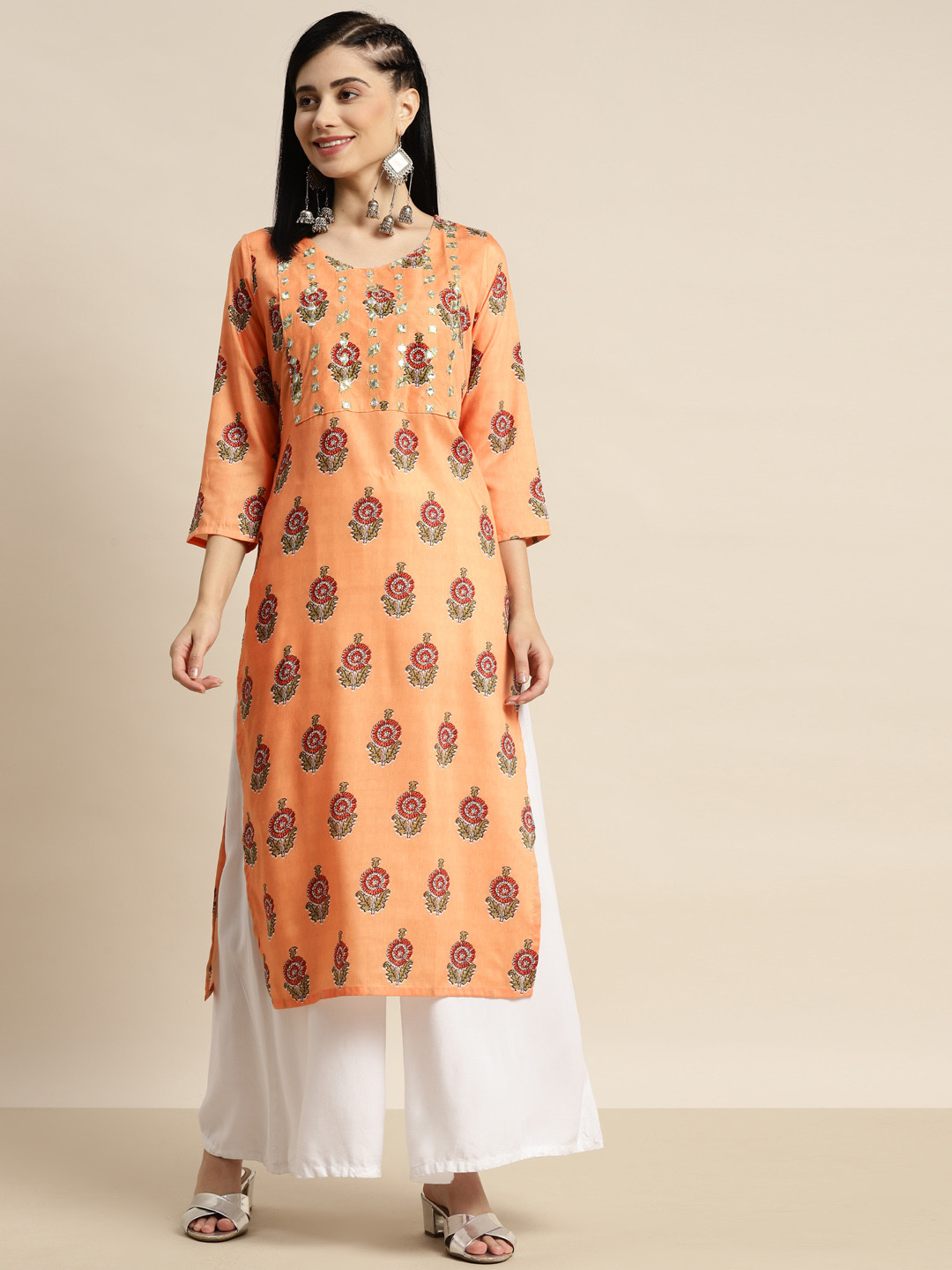 

Tikhi Imli Women Peach-Coloured & Green Ethnic Motifs Printed Pure Cotton Kurta