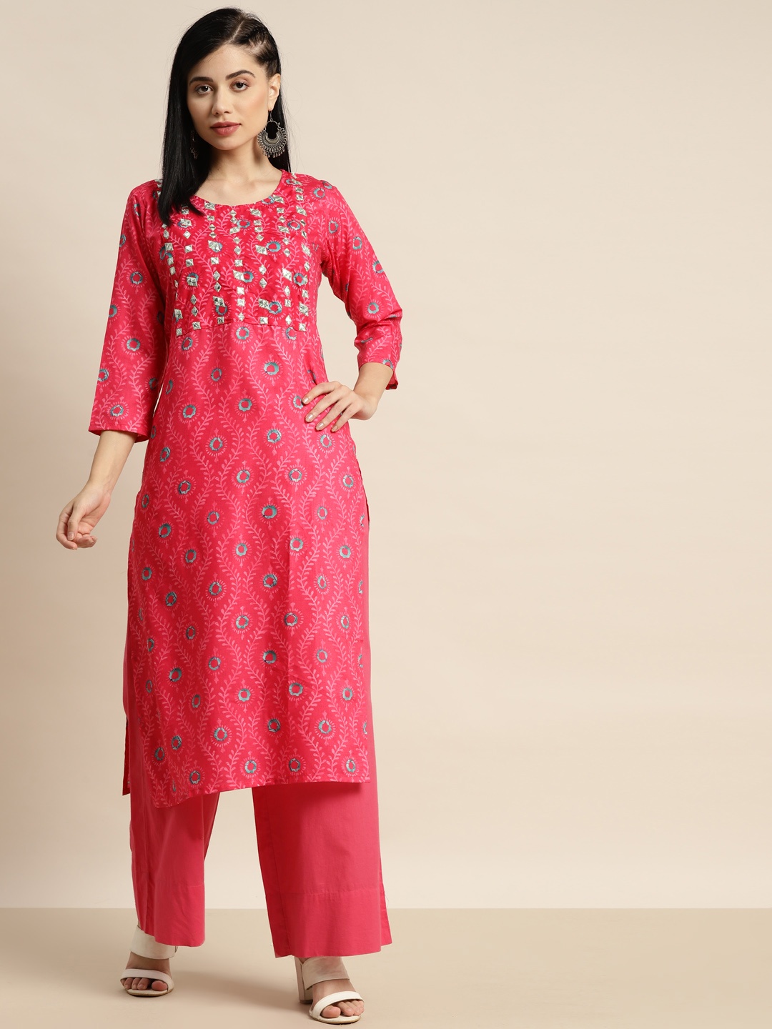 

Tikhi Imli Women Fuchsia Pink Ethnic Motifs Embellished Pure Cotton Kurta