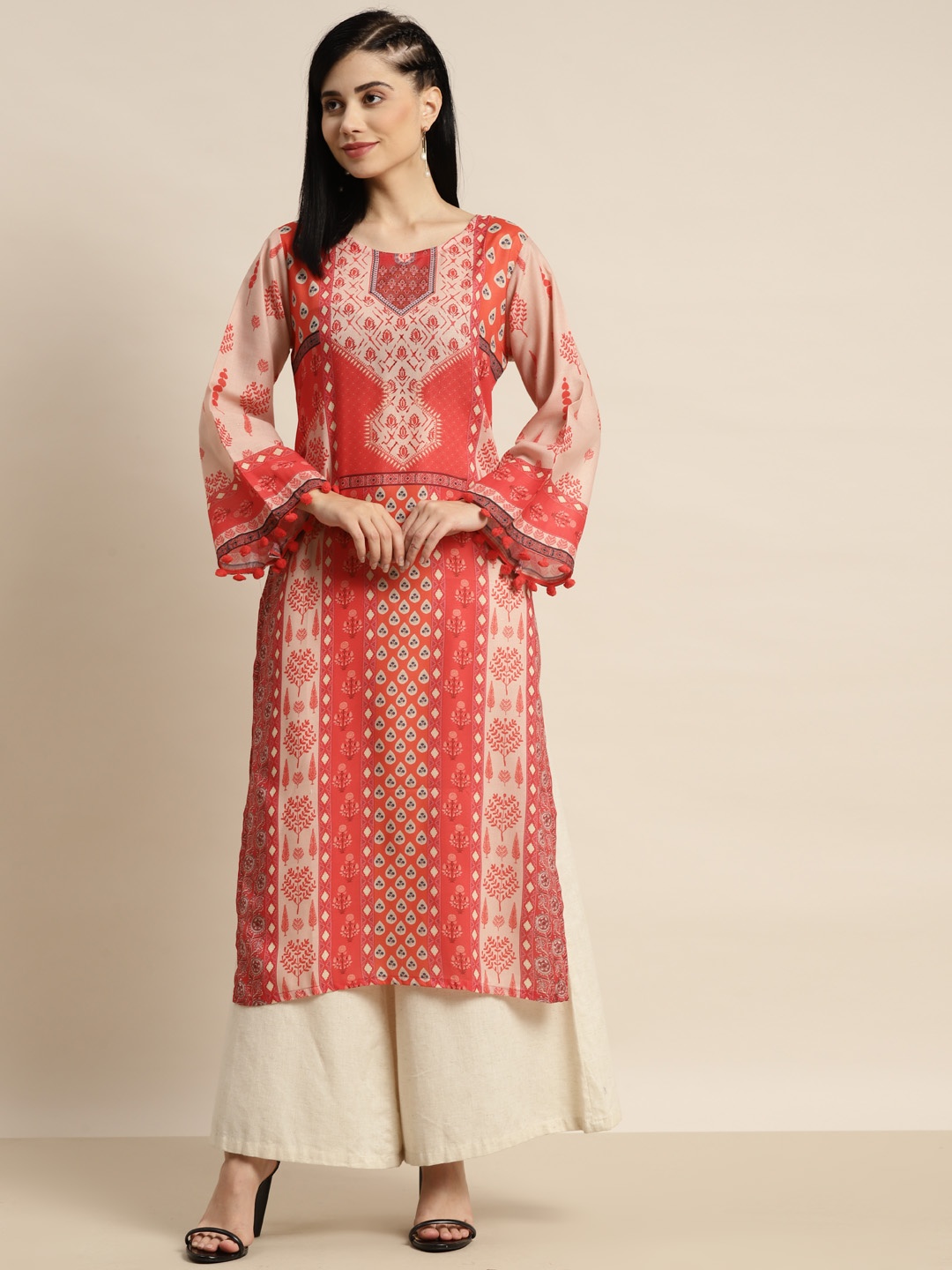 

Tikhi Imli Women Red & Peach-Coloured Ethnic Motifs Printed Pure Cotton Kurta