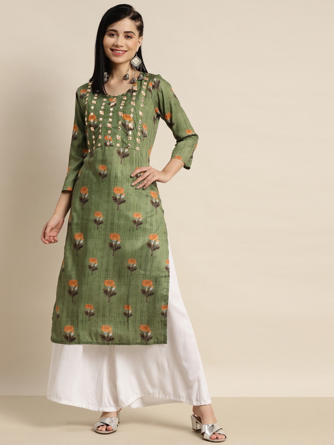 

Tikhi Imli Women Green & Mustard Yellow Ethnic Motifs Printed Pure Cotton Kurta