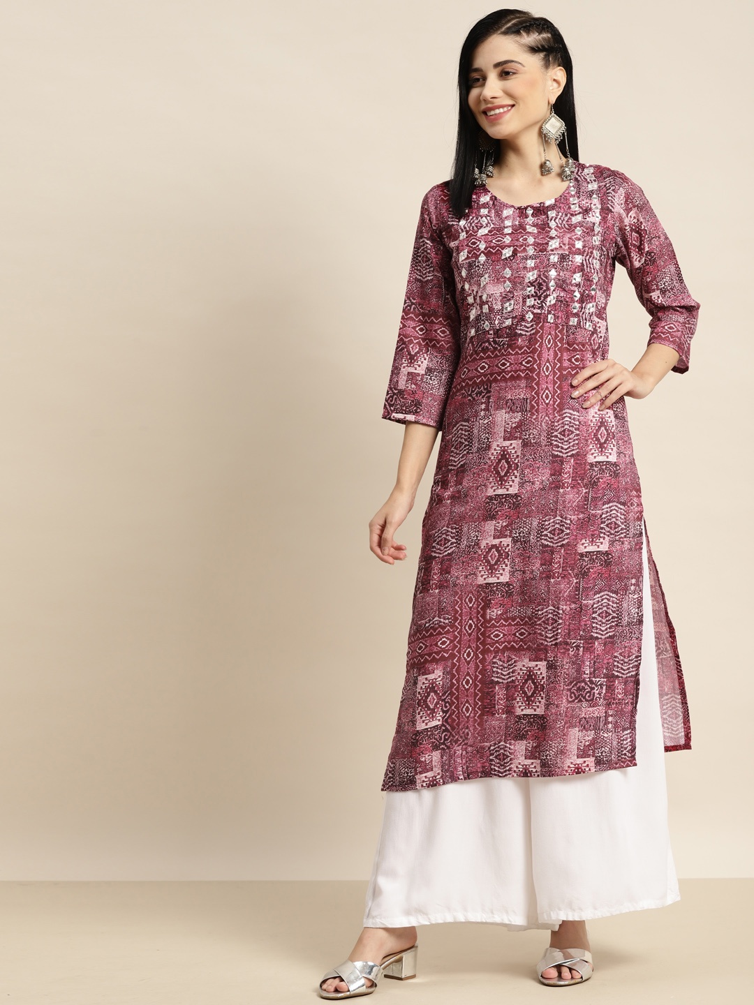 

Tikhi Imli Women Burgundy & Off White Ethnic Motifs Printed Pure Cotton Kurta