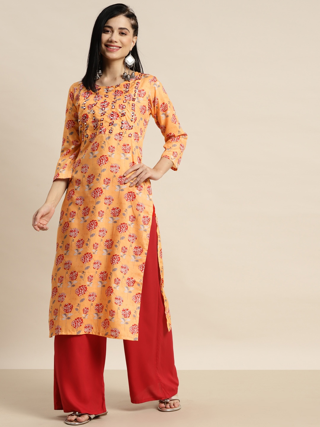 

Tikhi Imli Women Mustard Yellow & Red Ethnic Motifs Printed Pure Cotton Kurta