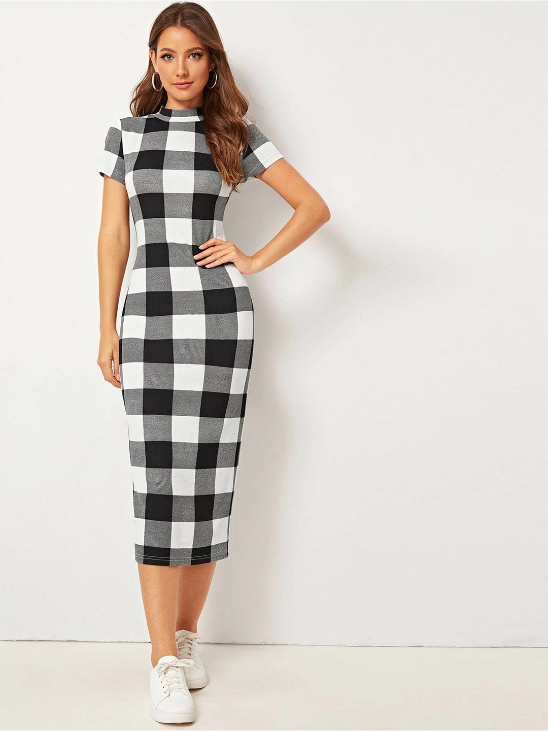 

SWEETPEL White Checked Sheath Midi Dress