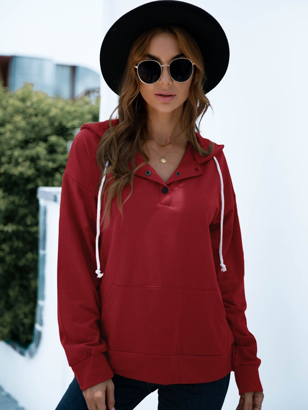 

BoStreet Women Soild Red Hooded Sweatshirt