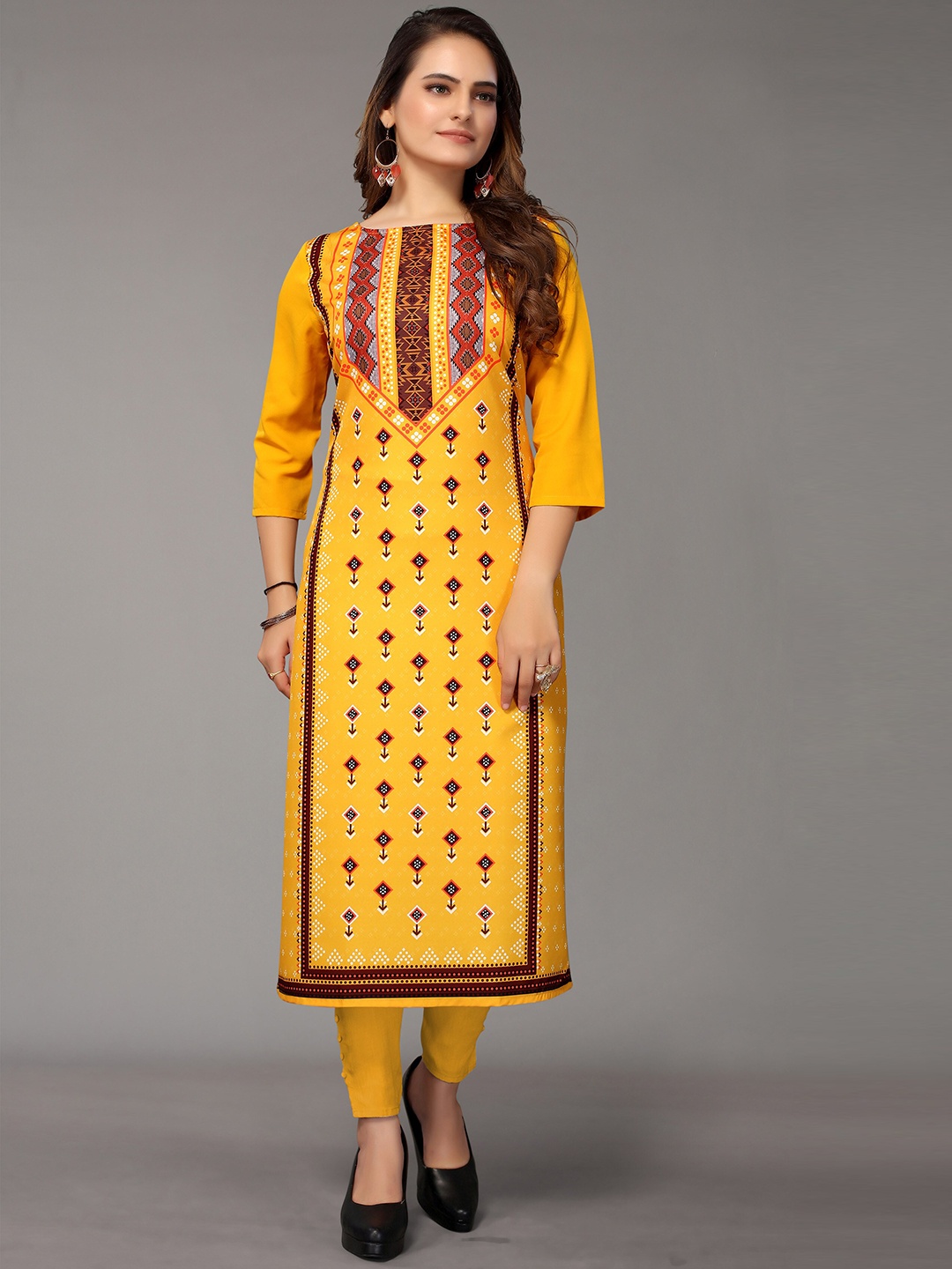 

Nimayaa Women Mustard Yellow Ethnic Motifs Printed Indie Prints Crepe Kurta