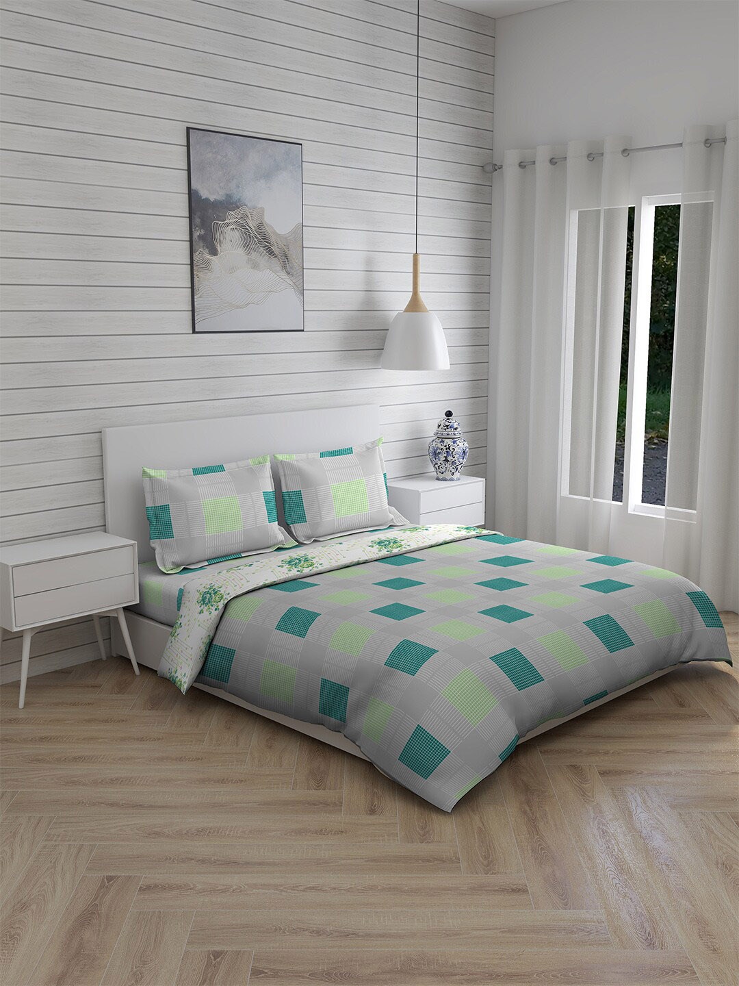 

Boutique Living India Grey & Green Printed Pure Cotton 225 TC Bedding Set