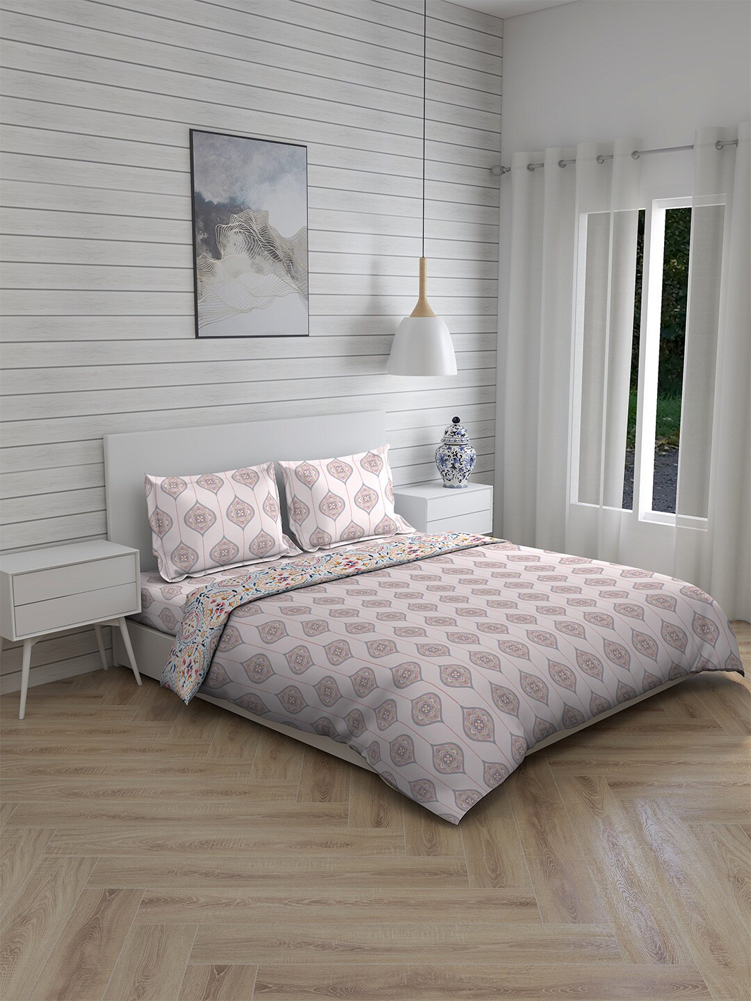 

Boutique Living India White Printed 250 TC Pure Cotton Double King Bedding Set