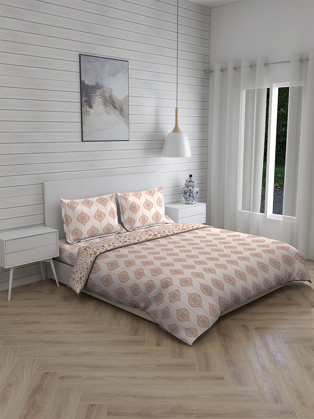 

Boutique Living India Beige Floral Printed Cotton 225 TC Double King Bedding Set
