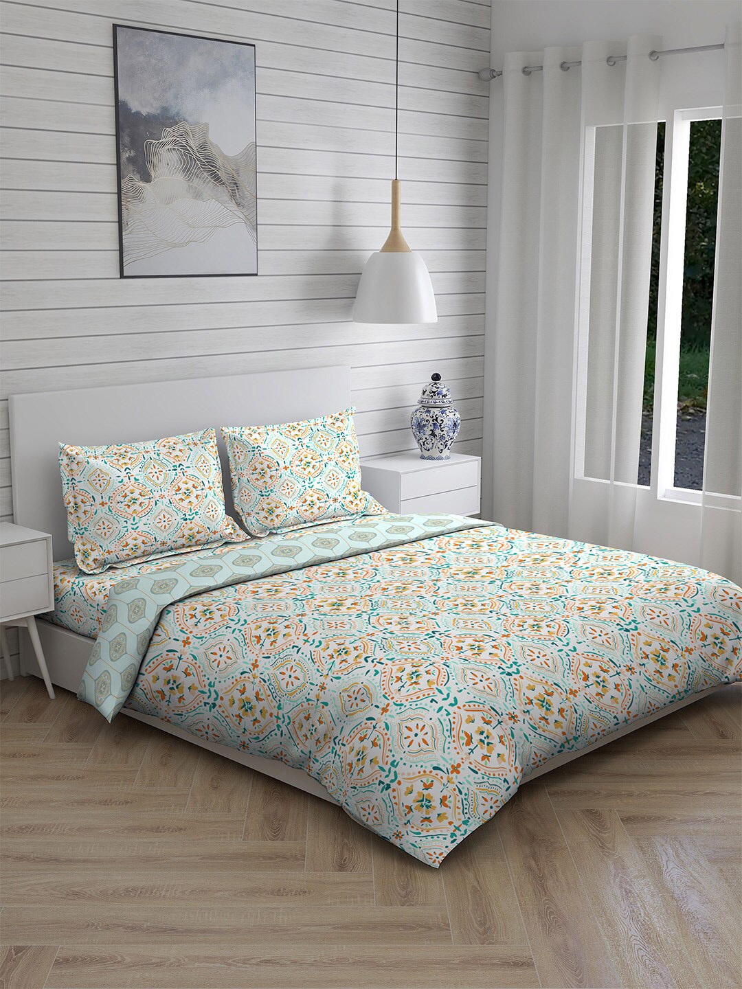 

Boutique Living India Blue Printed 250 TC Pure Cotton Double King Bedding Set