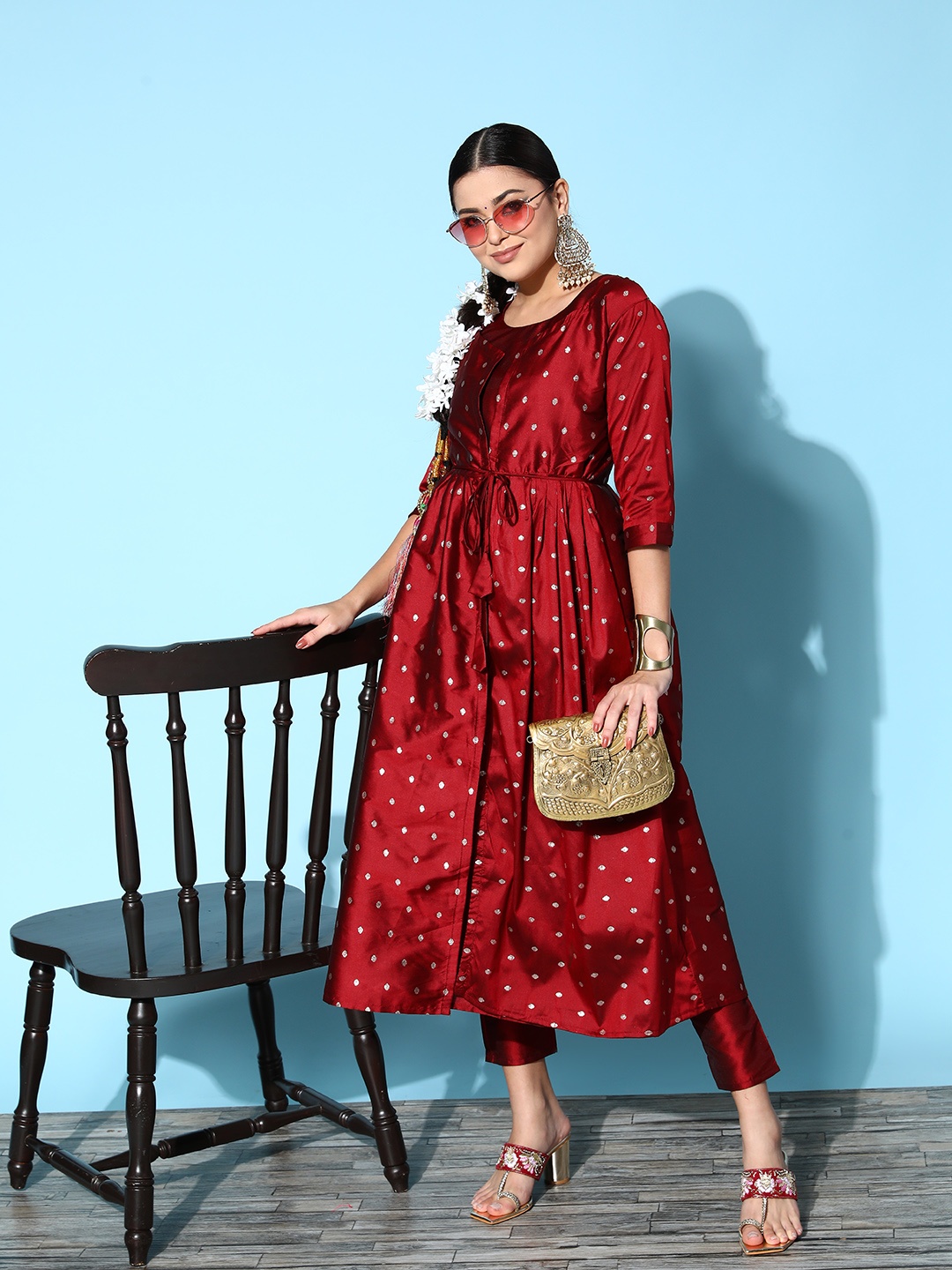 

Tikhi Imli Women Woven Design Art Silk Fluid Tie-Up Kurta Set, Maroon