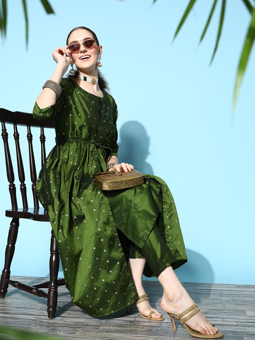 

Tikhi Imli Women Solid Art Silk Fluid Tie-Up Kurta Set, Olive