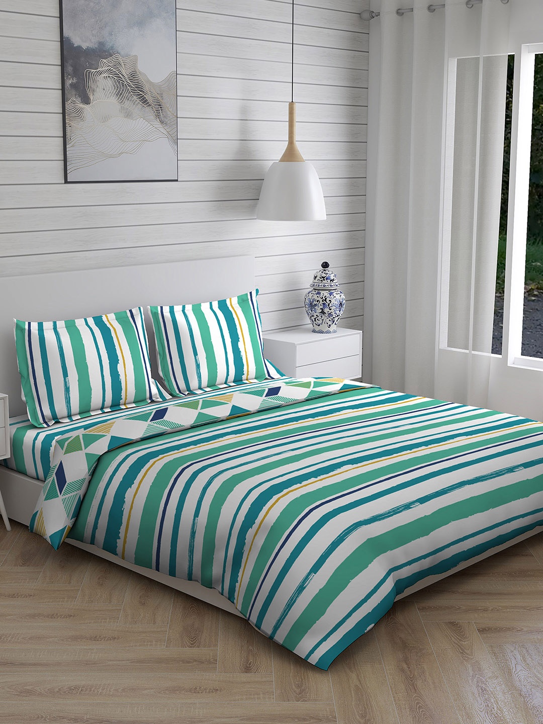 

Layers Green & White Striped Cotton 225 TC Double King Bedding Set