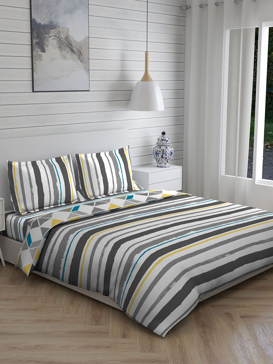 

Layers Grey & White Striped Cotton 225 TC Bedding Set