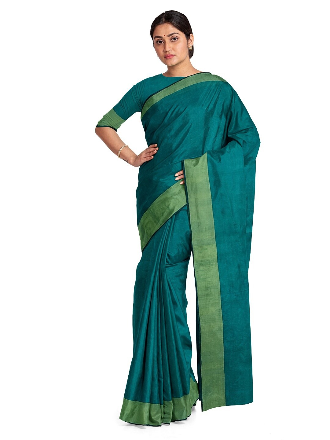 

KALINI Green Solid Silk Cotton Zari Border Sungudi Saree