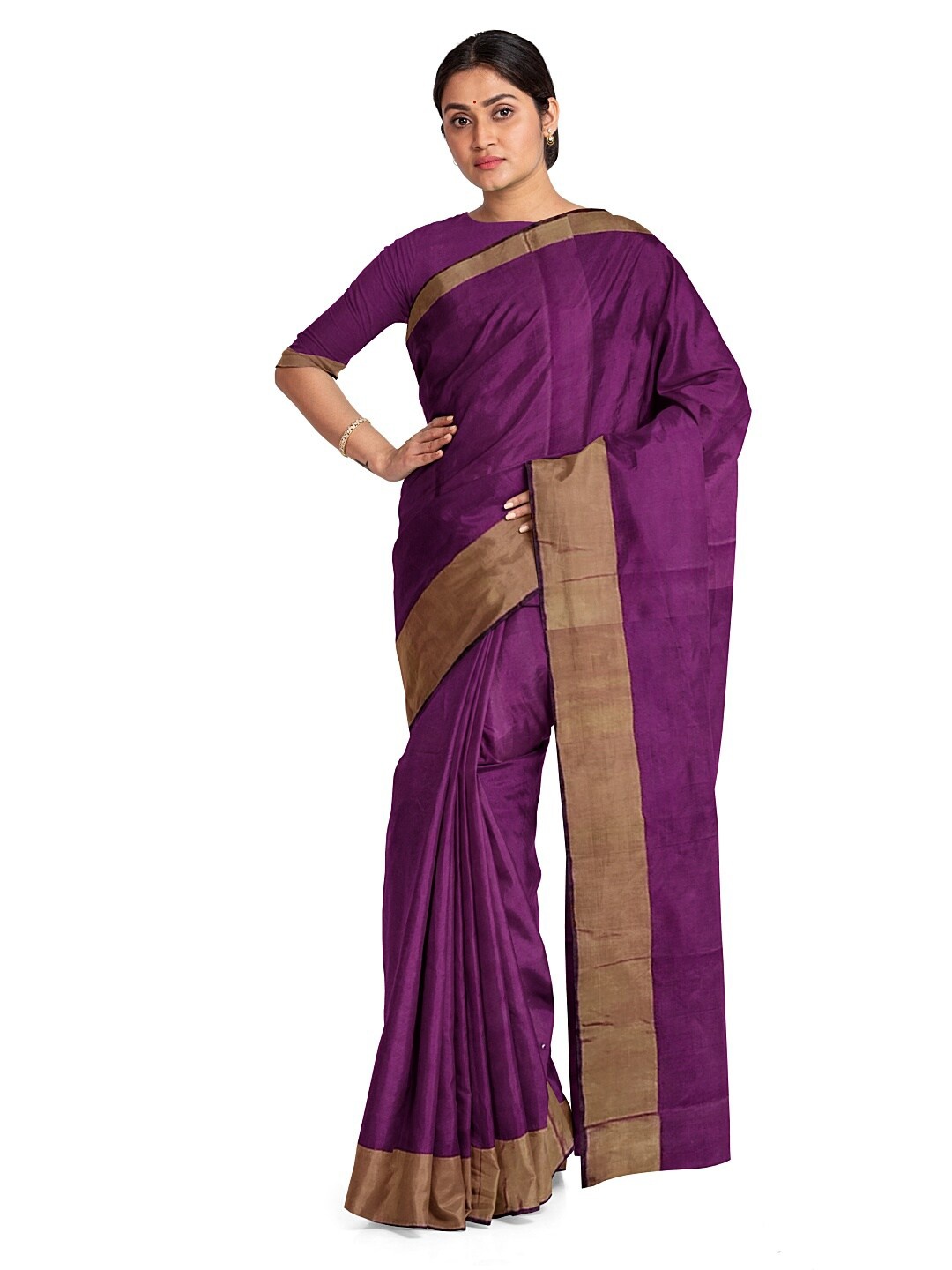 

KALINI Burgundy & Gold-Toned Silk Cotton Sungudi Saree