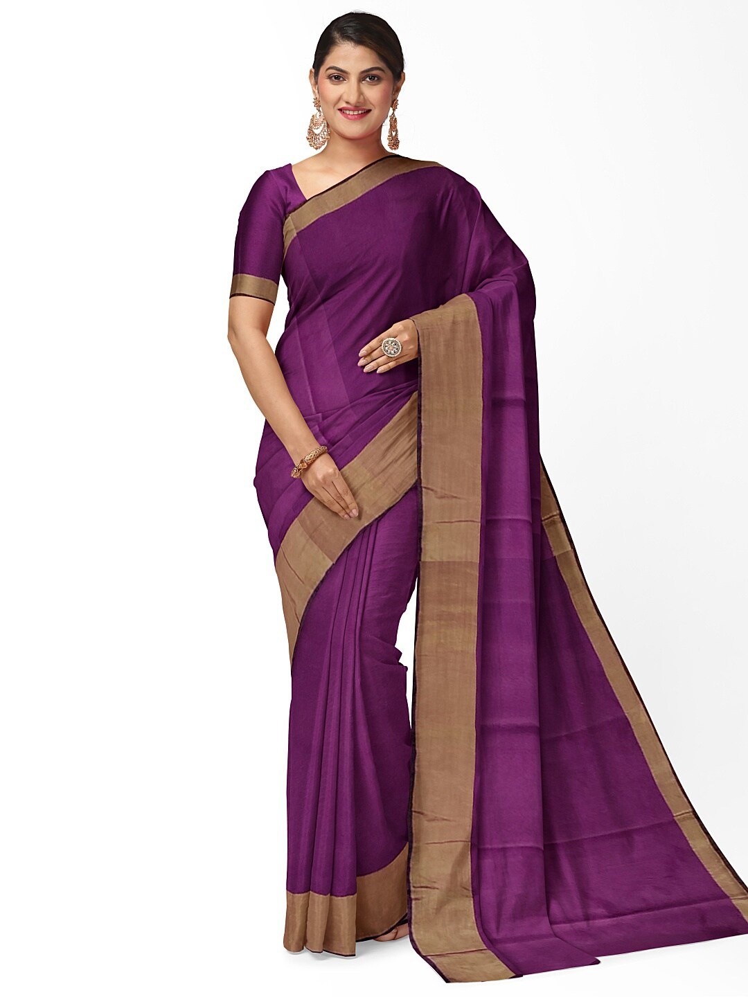

KALINI Burgundy & Gold-Toned Silk Cotton Sungudi Saree