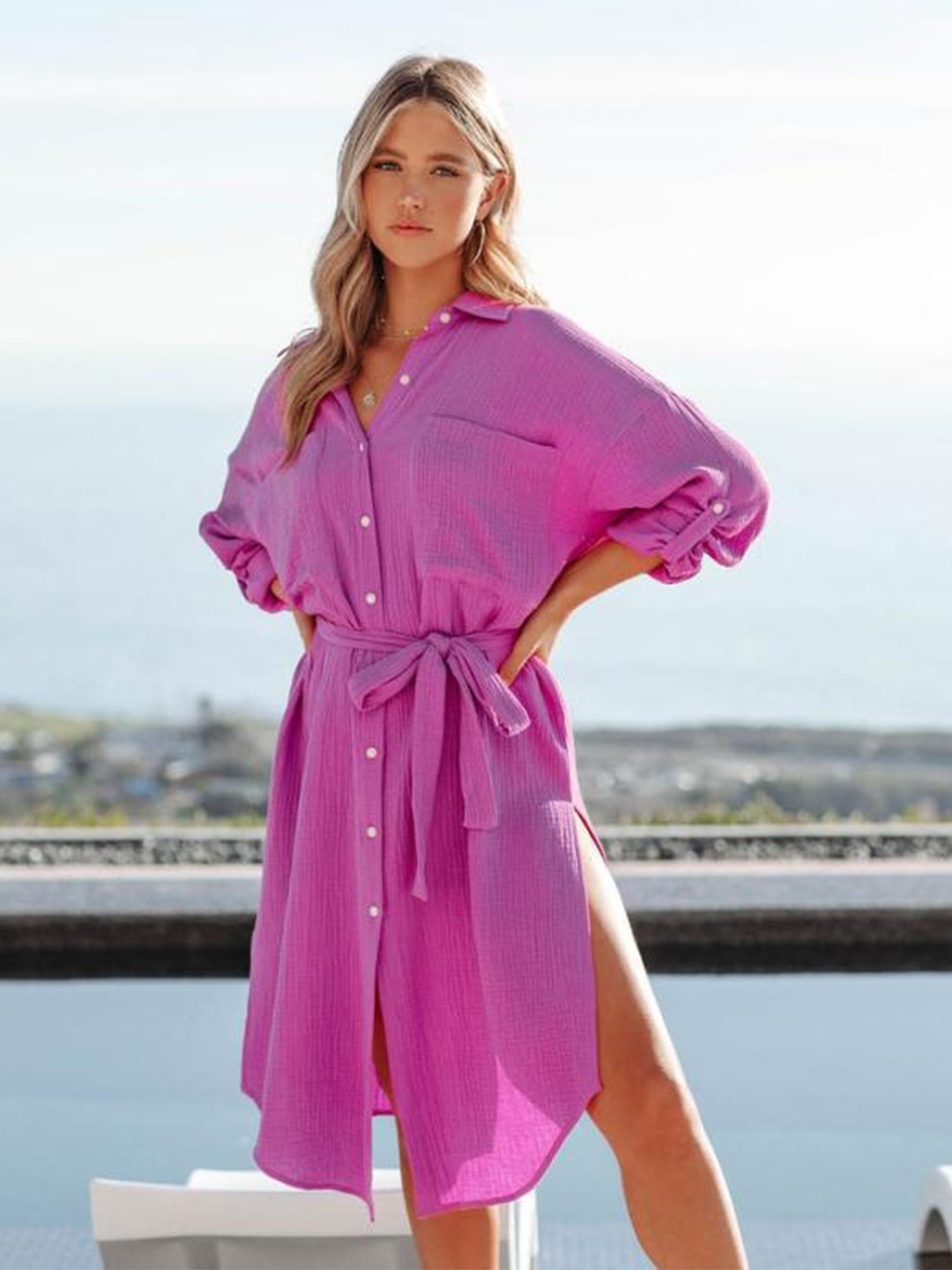 

BoStreet Pink Solid Long Sleeves Shirt Collar Fit & Flare Dresses