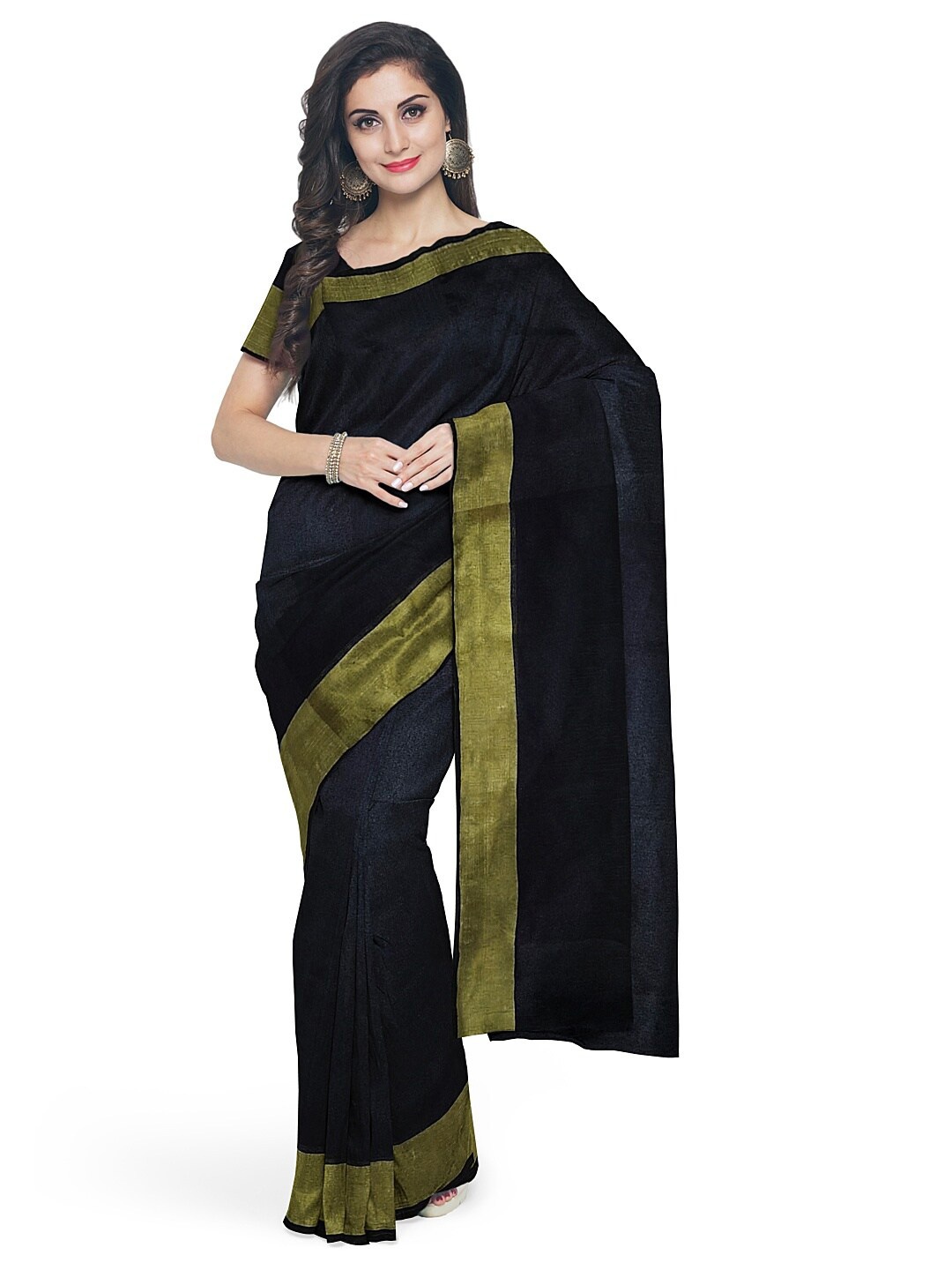 

SAADHVI Black & Gold-Toned Silk Cotton Sungudi Saree