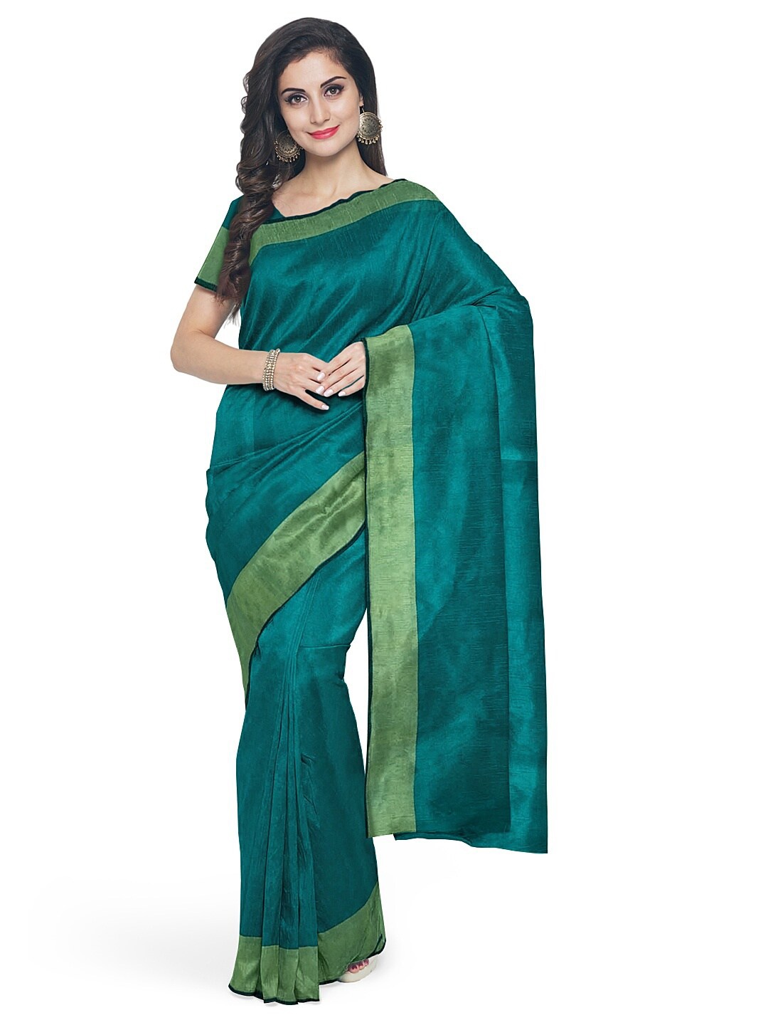 

SAADHVI Green Solid Silk Cotton Zari Border Sungudi Saree