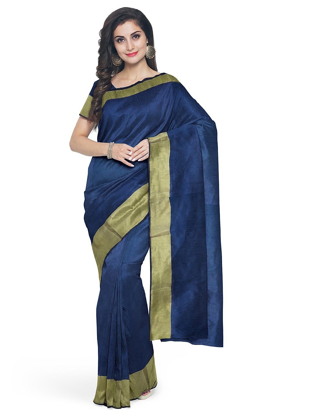 

SAADHVI Women Navy Blue & Gold-Toned Zari Silk Cotton Sungudi Saree