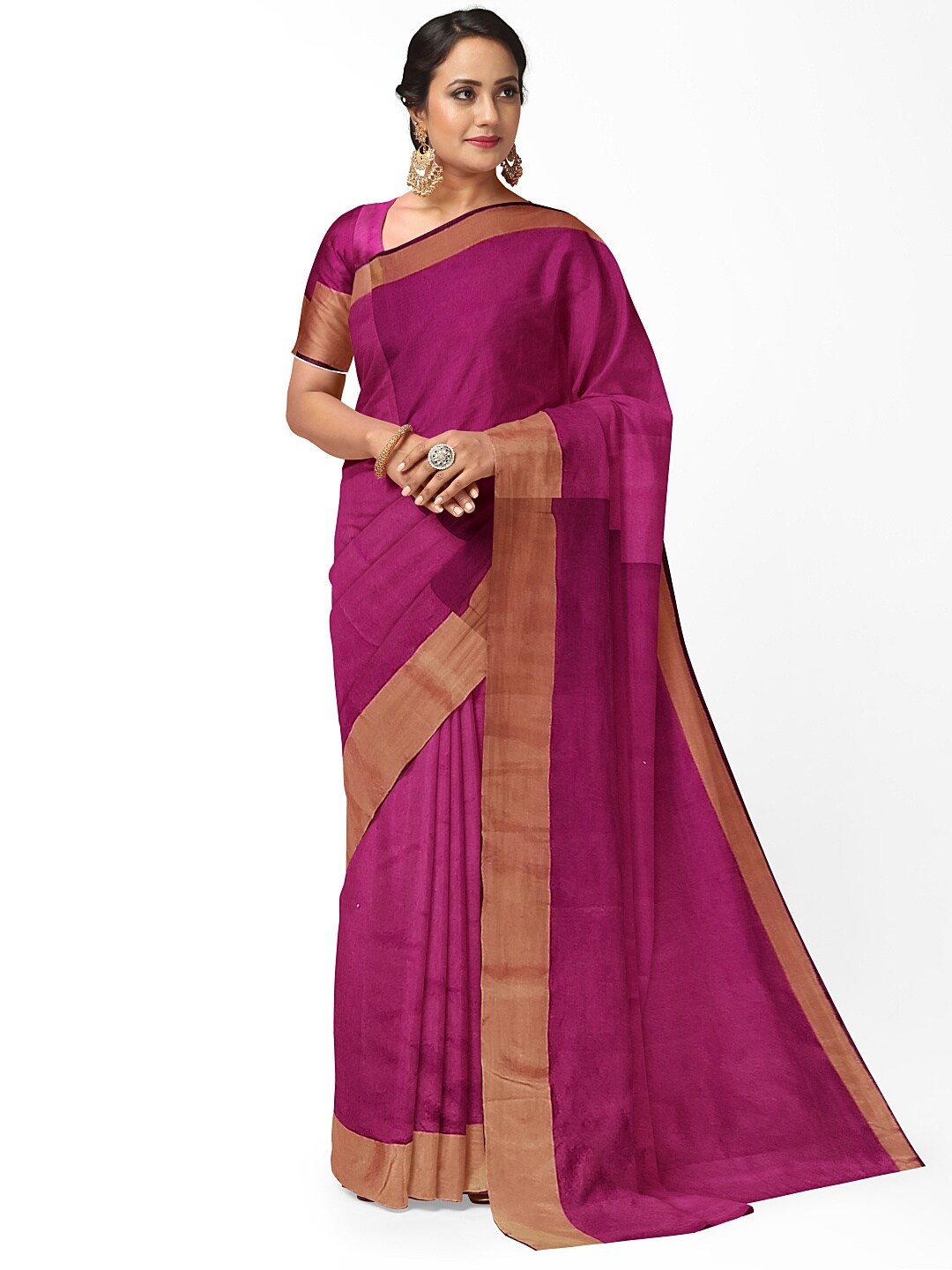 

SAADHVI Pink & Gold-Toned Silk Cotton Sungudi Saree