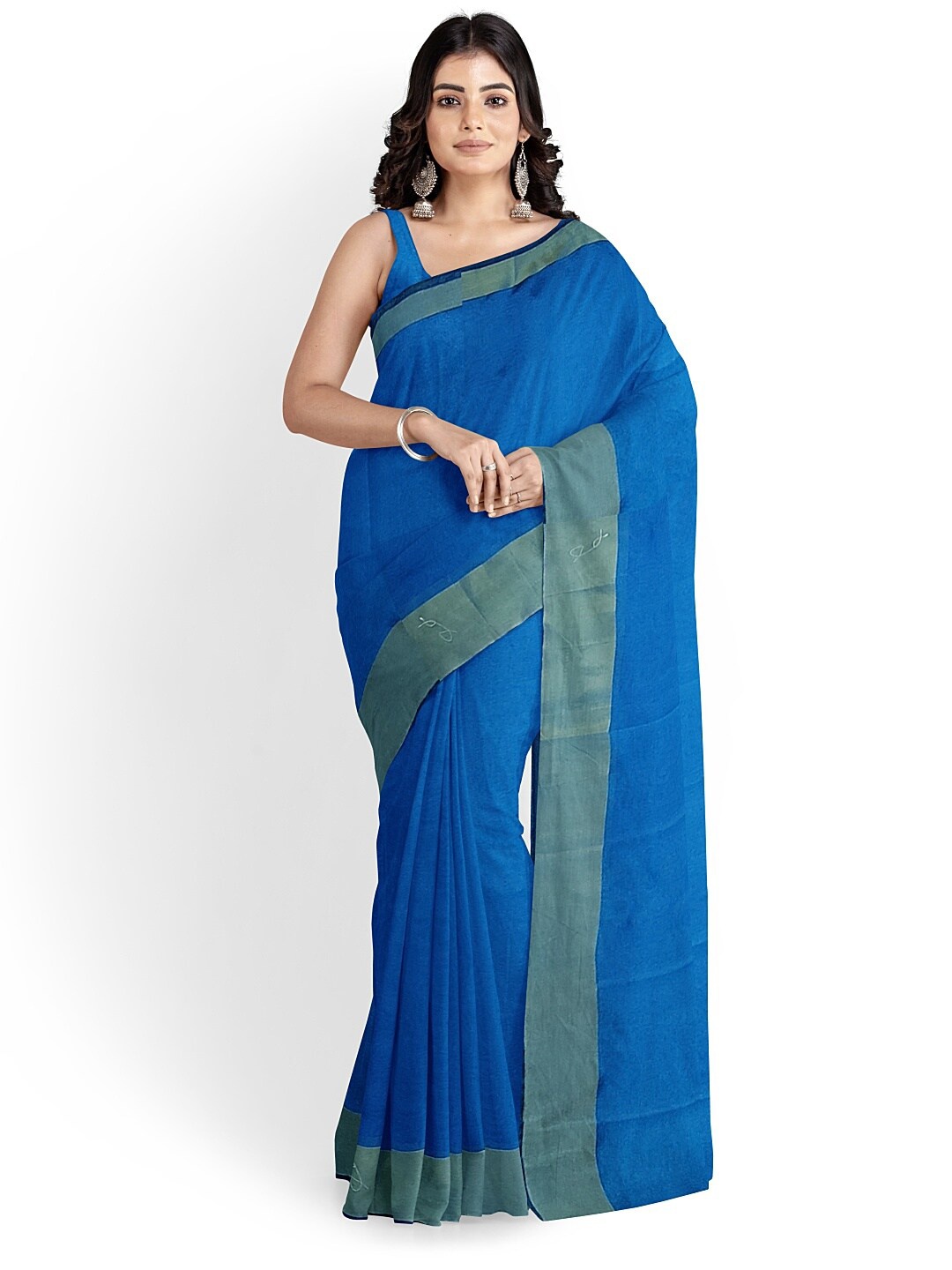 

SAADHVI Blue & Green Colourblocked Silk Cotton Sungudi Saree