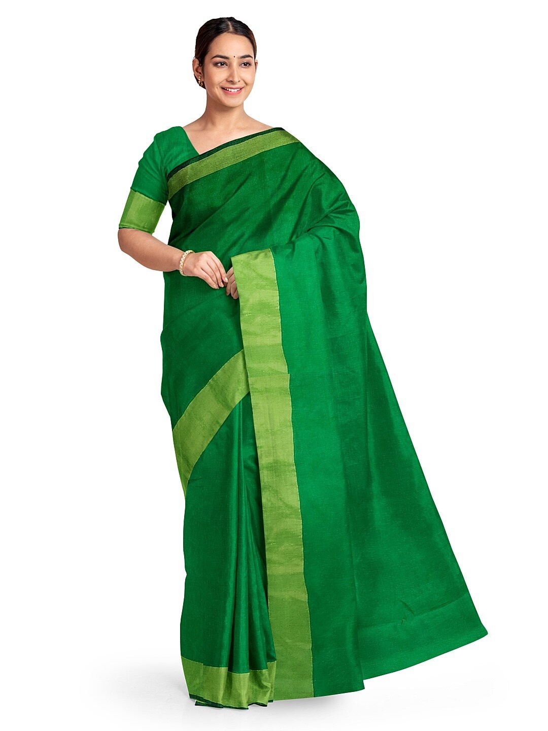 

SAADHVI Green Silk Cotton Plain Saree With Un-Stitched Blouse