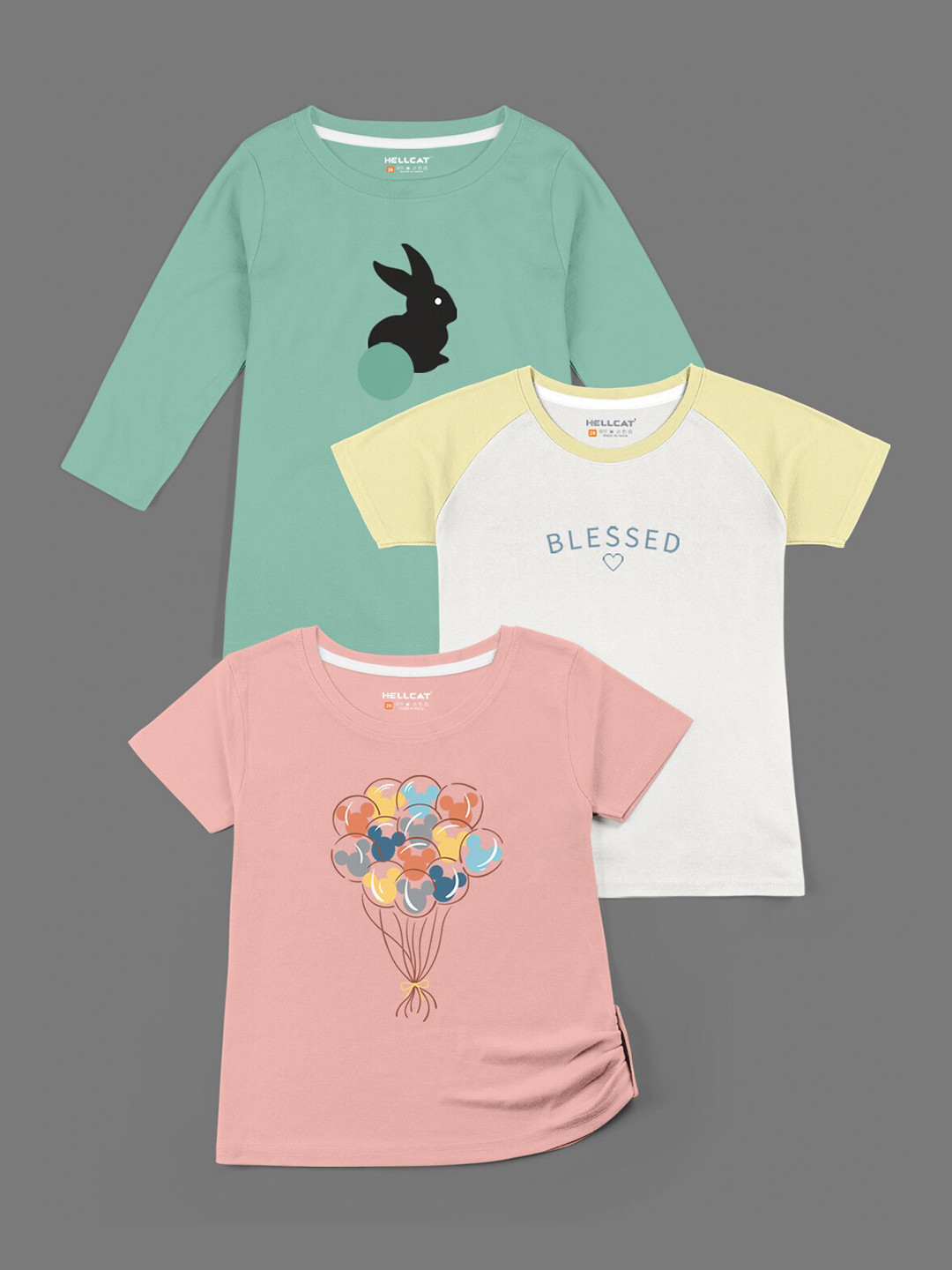 

HELLCAT Girls Green & Pink Pack Of 3 Printed T-shirt