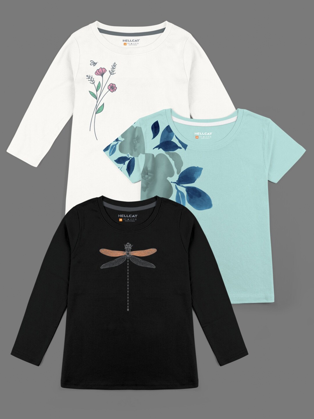 HELLCAT Girls Pack of 3 Printed Bio Finish T-shirt, Black