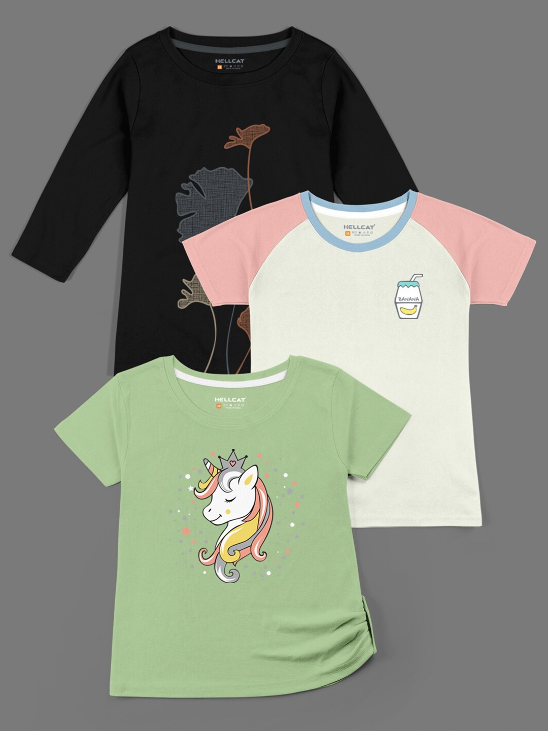 

HELLCAT Girls Pack of 3 Printed Bio Finish T-shirt, Black