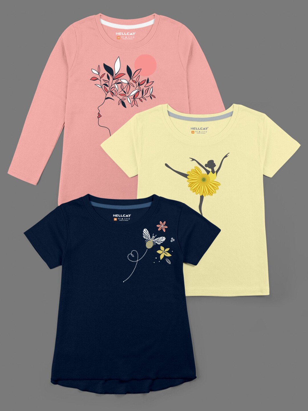 

HELLCAT Girls Multicoloured 3 Printed Bio Finish T-shirt, Multi