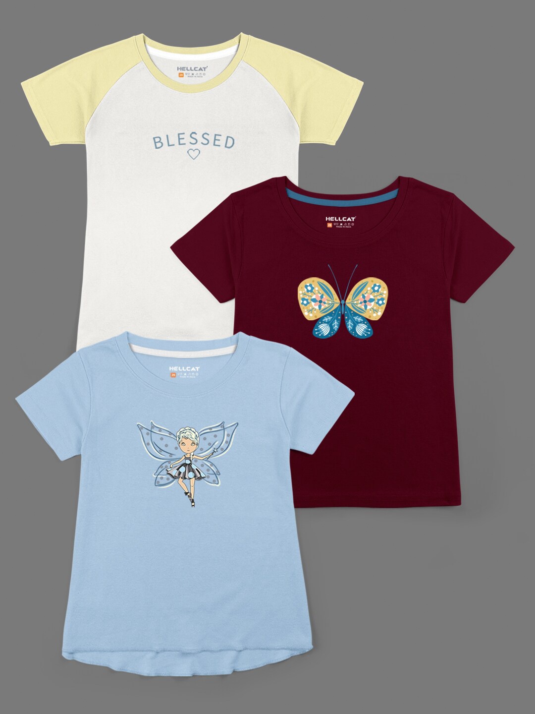 

HELLCAT Pack of 3 Girls Yellow & Blue Printed Cotton Bio Finish T-shirt