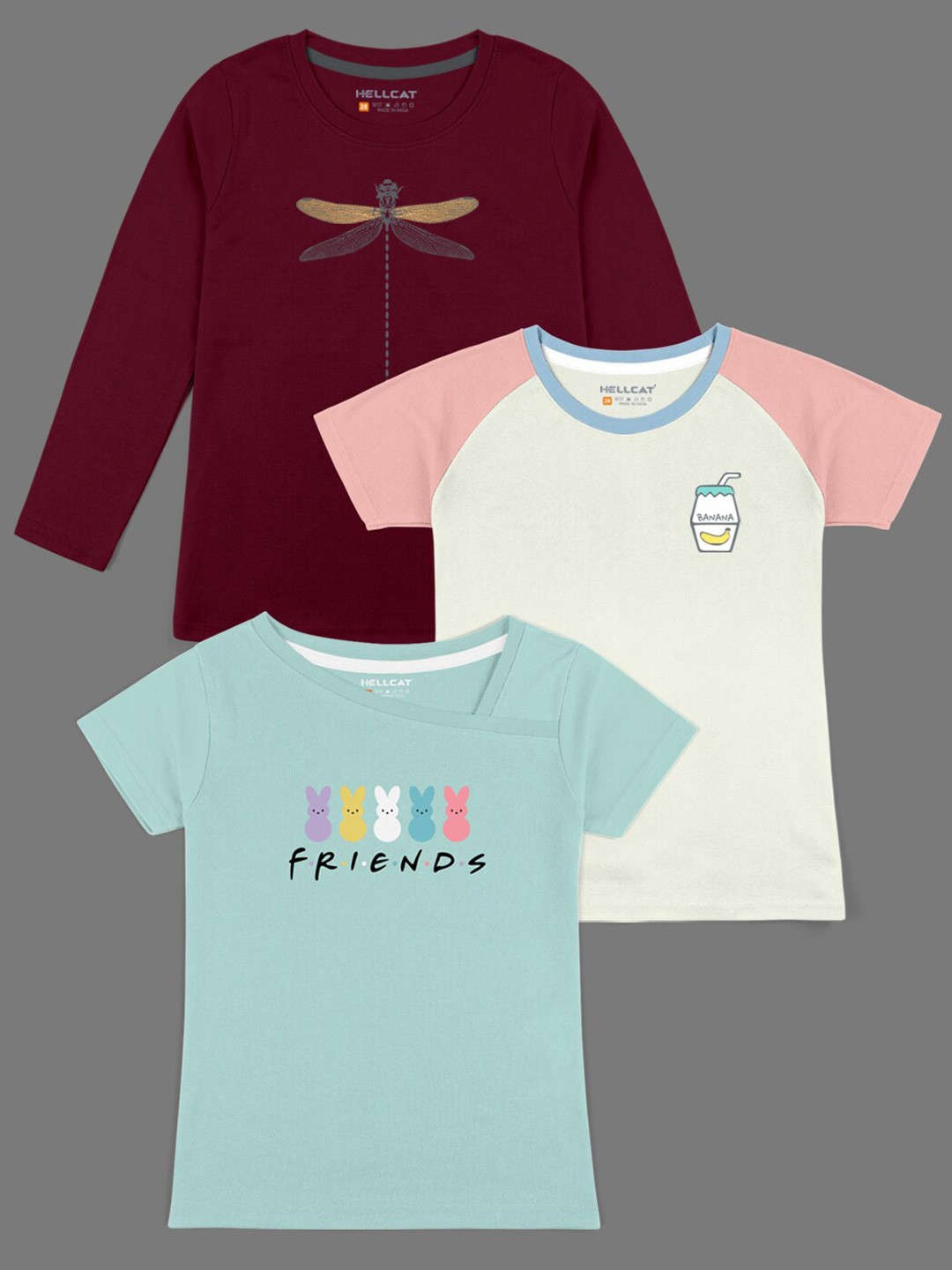 

HELLCAT Girls Pack of 3 Printed T-shirt, Maroon