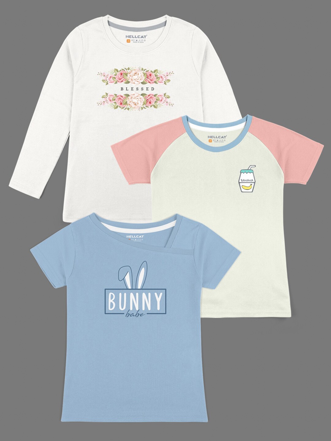 

HELLCAT Girls Pack Of 3 Peach-Coloured Typography Printed Bio Finish T-shirt
