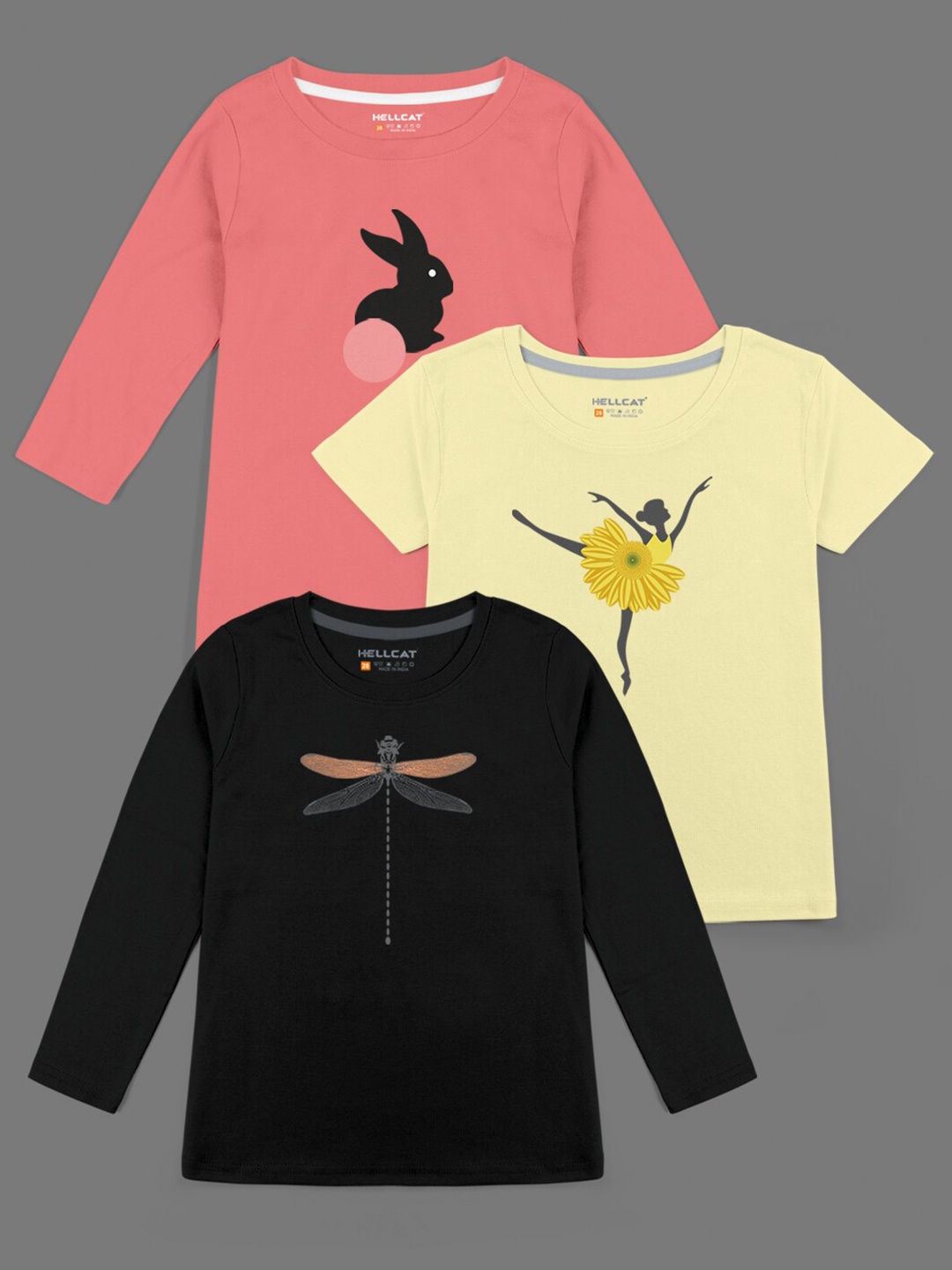 HELLCAT Girls Coral & Yellow 3 Printed Bio Finish T-shirt