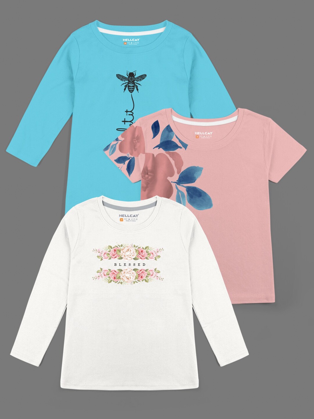 

HELLCAT Set Of 3 Girls Peach White & Blue Printed Bio Finish T-shirt
