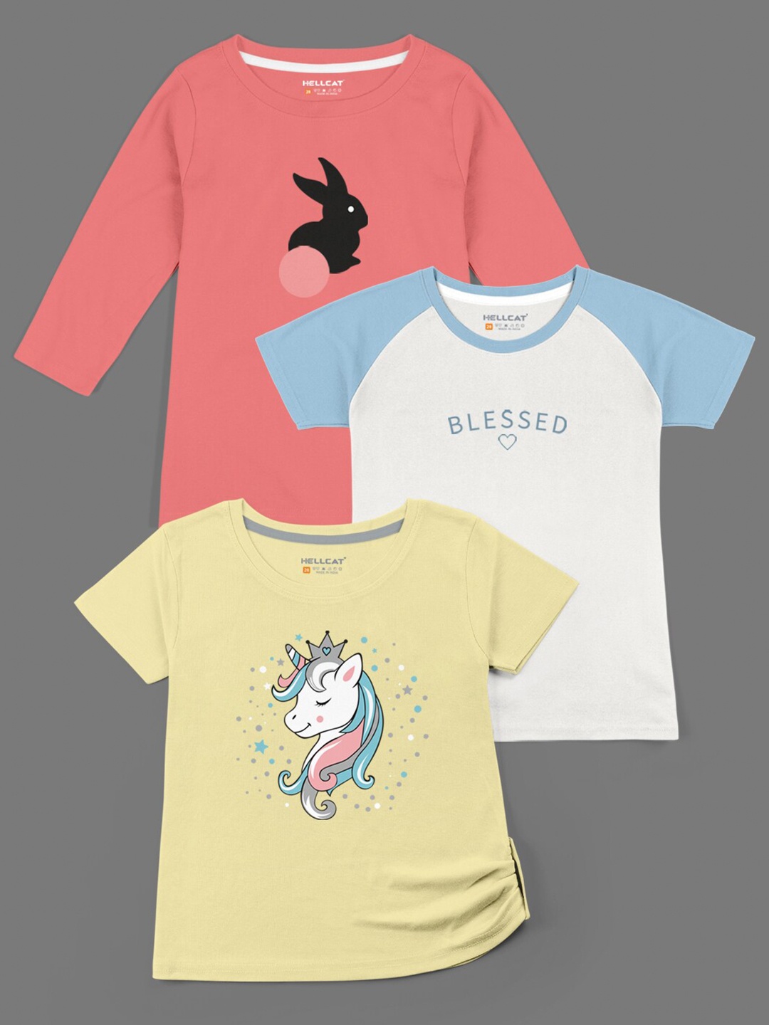 

HELLCAT Girls Coral & Yellow 3 Printed Bio Finish T-shirt