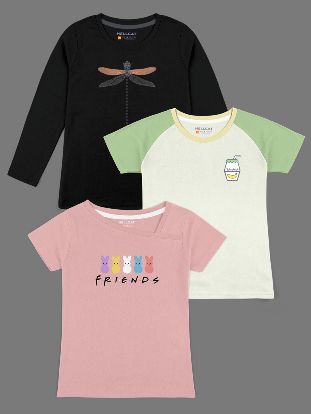 

HELLCAT Girls Pack of 3 Printed Bio Finish T-shirt, Pink