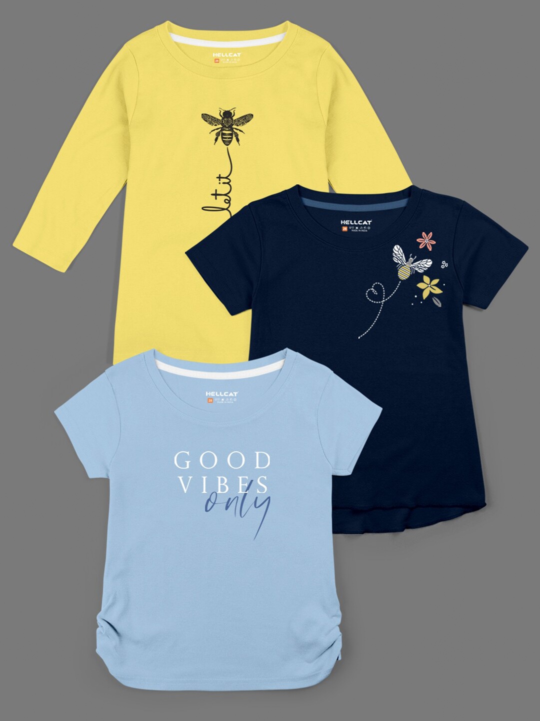 

HELLCAT Pack of 3 Girls Yellow & Navy Blue Typography Printed Bio Finish T-shirt