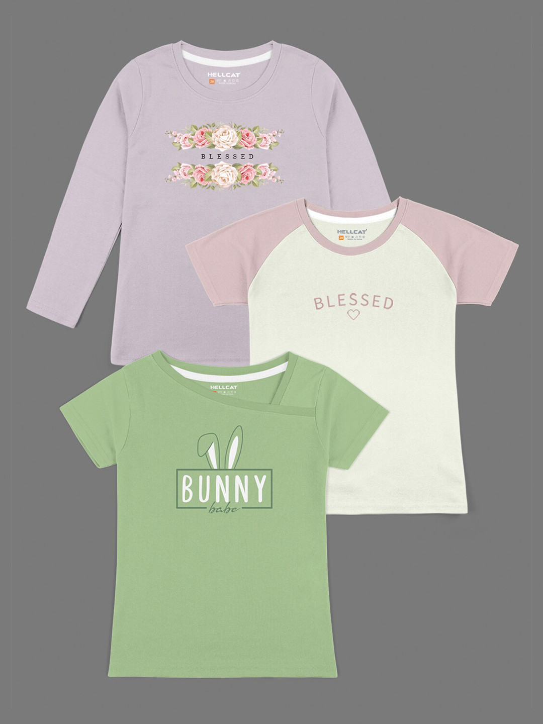 

HELLCAT Girls Pack of 3 Printed Bio Finish T-shirt, Lavender