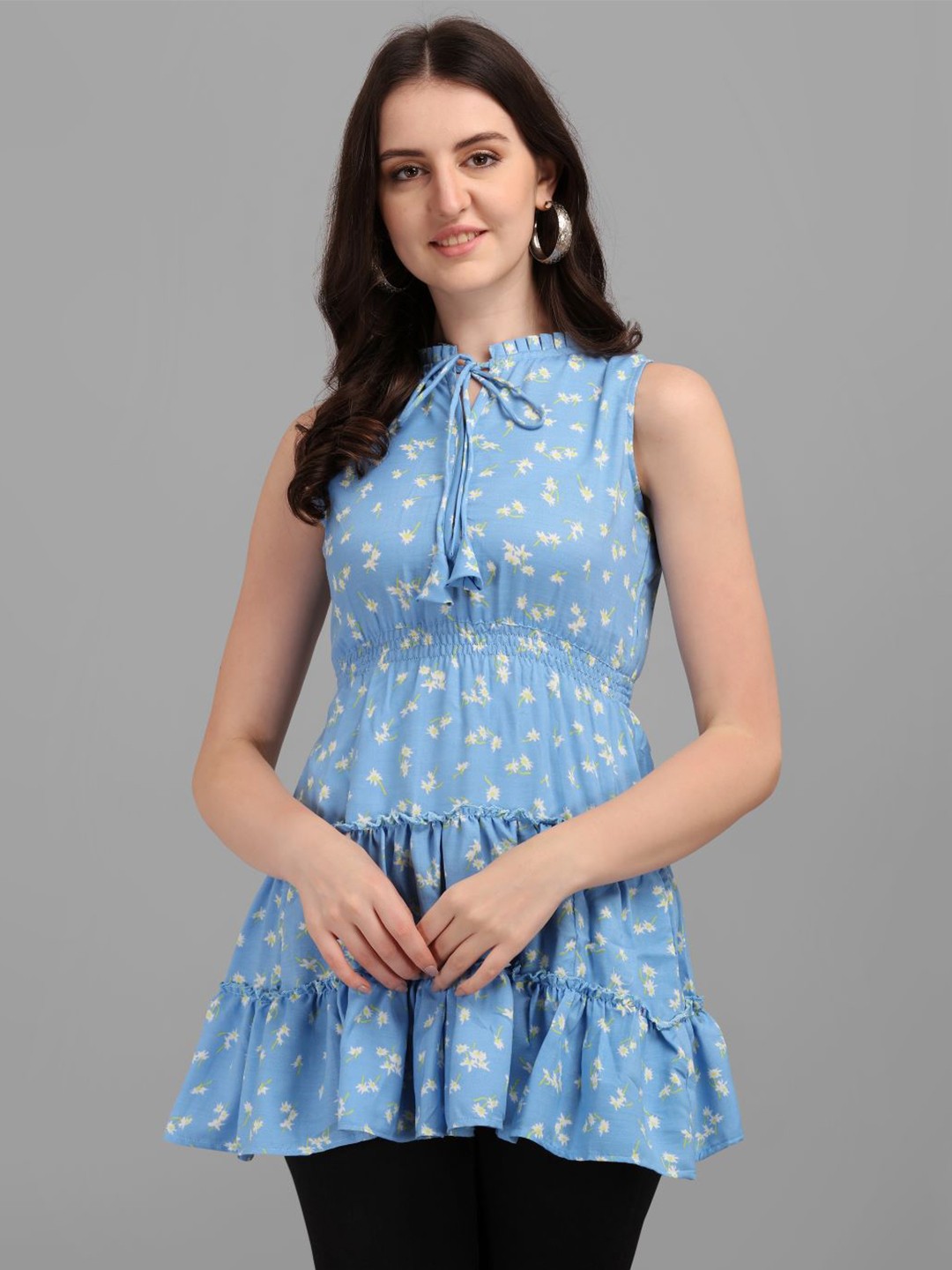 

GUFRINA Blue Floral Print Tie-Up Neck Tiered Top
