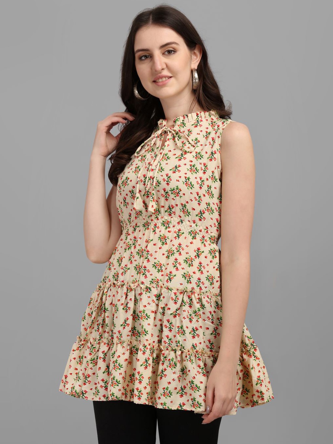 

GUFRINA Beige Floral Print Peplum Longline Top