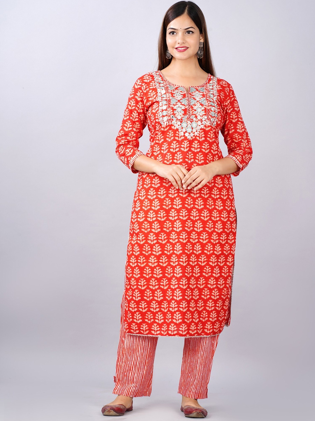 

KALINI Women Orange Floral Printed Pure Cotton Kurta with Trousers