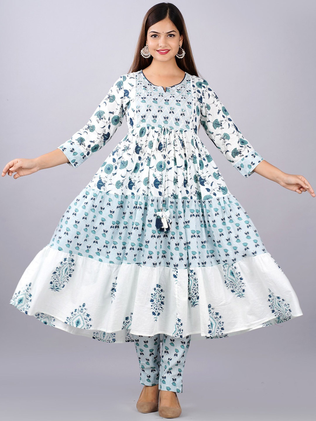 

KALINI Women White Embroidered Tiered Pure Cotton Kurta with Trousers