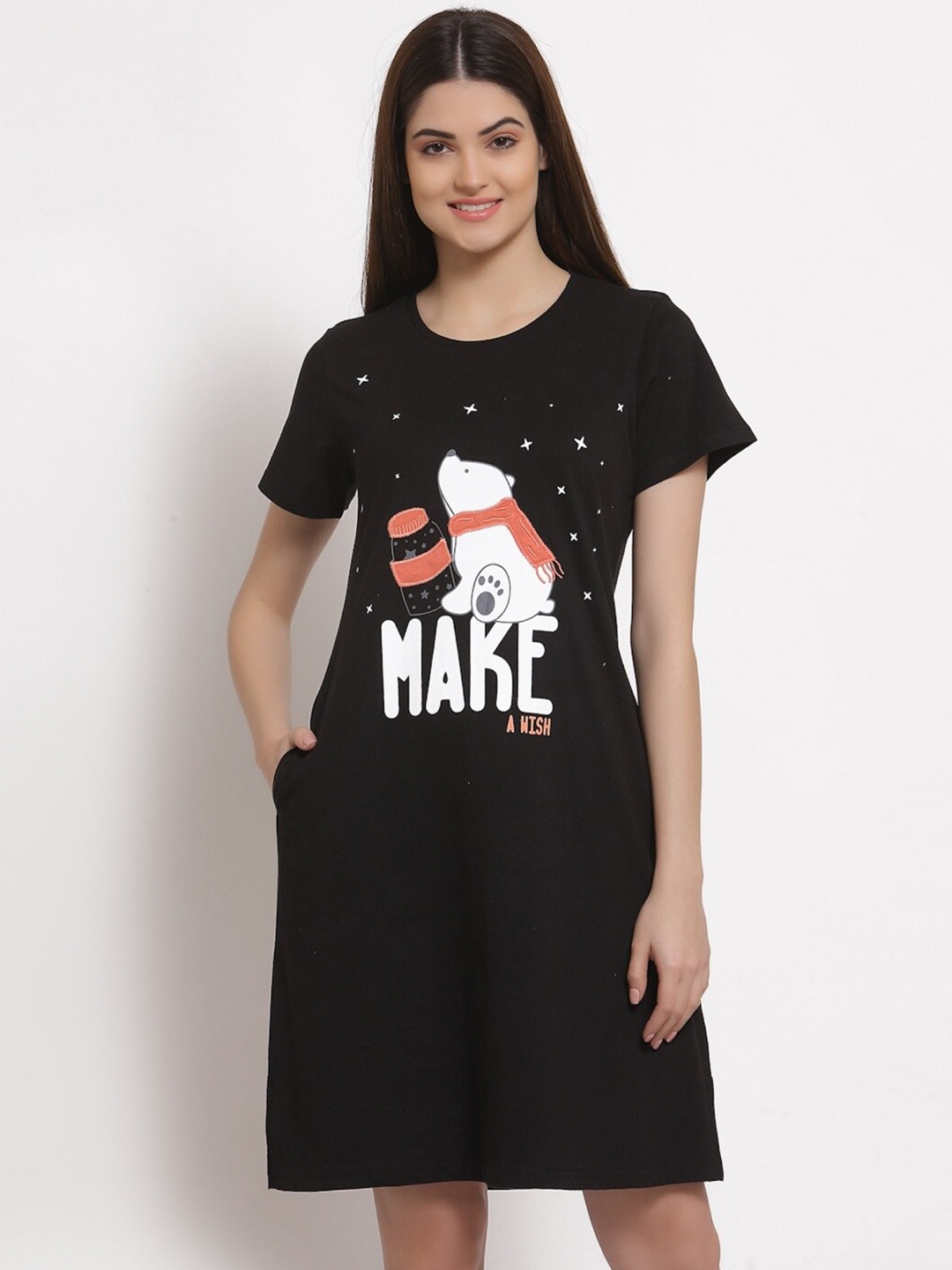 

Sweet Dreams Black Printed Pure Cotton Nightdress