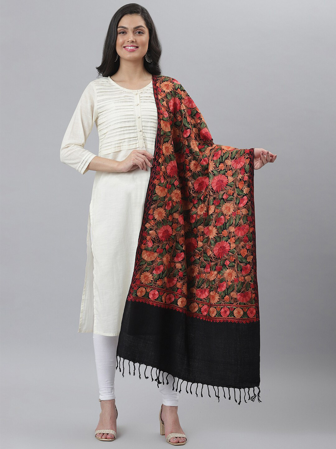 

Zamour Women Black & Red Embroidered Wool Stole