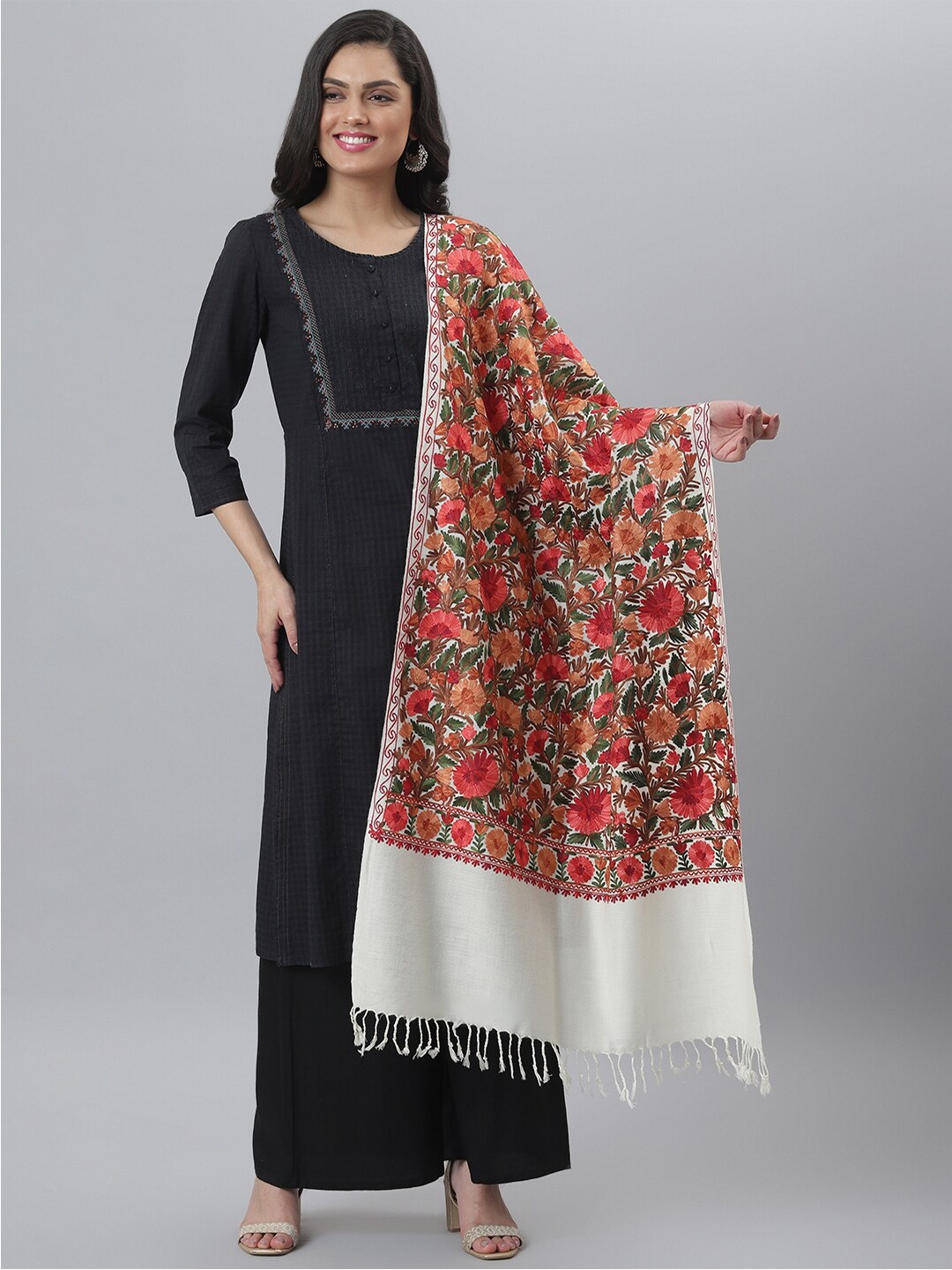

Zamour Women White & Pink Floral Embroidered Wool Stole