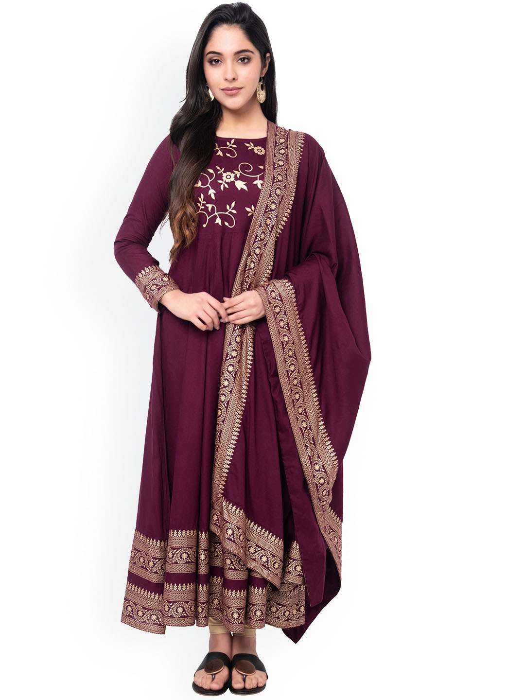 

VASTRAMANIAA Women Purple Floral Foil Printed Kurta with Dupatta