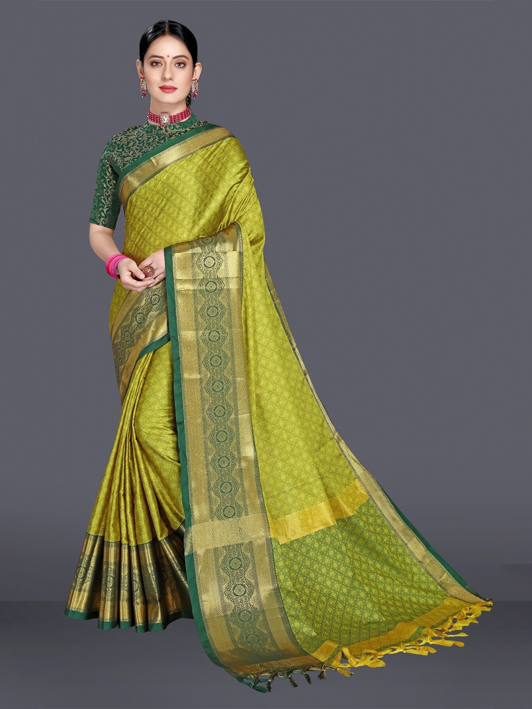 

M M Venture Green & Gold-Toned Woven Design Zari Pure Cotton Dharmavaram Saree