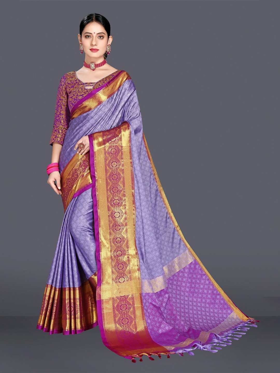 

M M Venture Lavender & Purple Woven Design Zari Pure Cotton Dharmavaram Saree